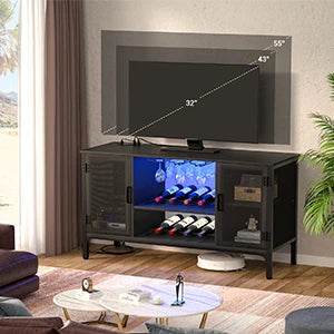 Industrial Wine Bar Cabinet with Power Outlets & LED Lights – Adjustable Wine Rack Coffee Station