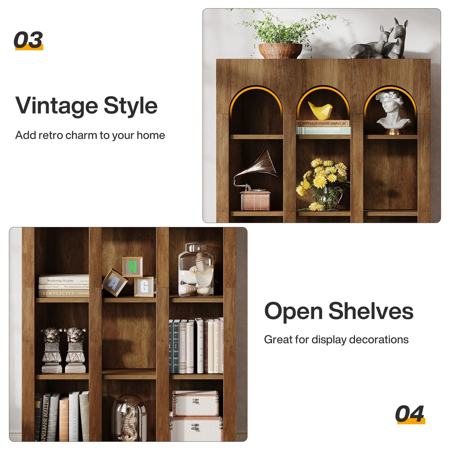 70.87″ 5-Tier Arched Bookshelf – Vintage Open Display Bookcase