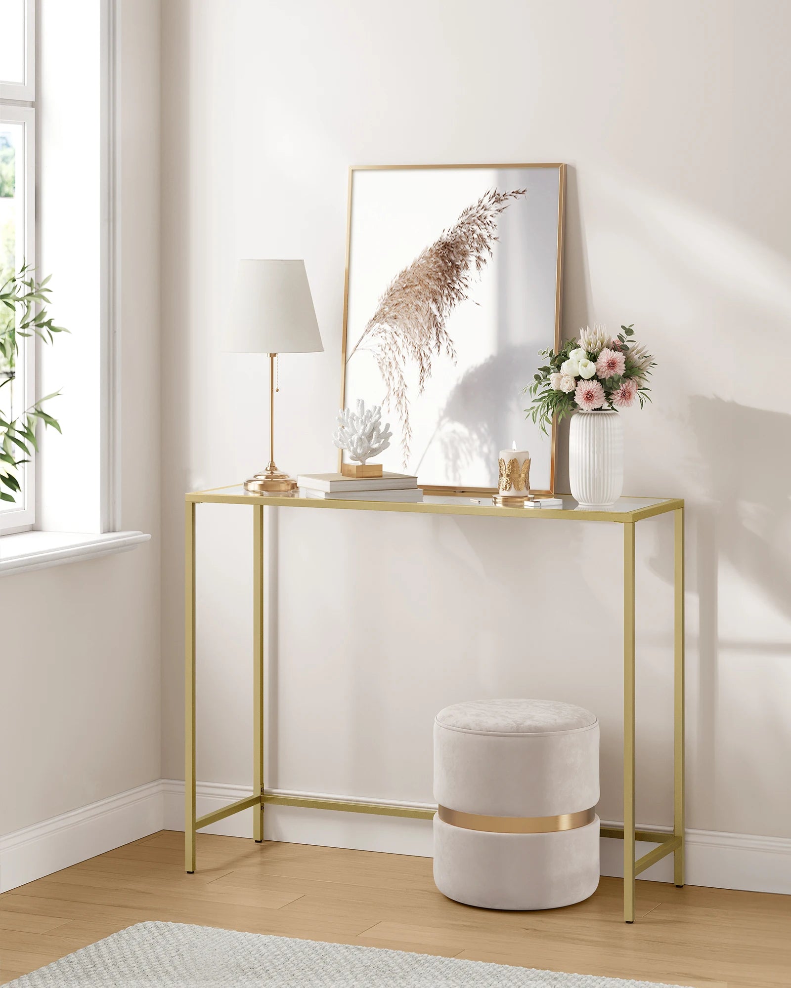 39.4 Inches Console Table, Tempered Glass Sofa Table, Modern Entryway Table, Metal Frame, Easy to Assemble