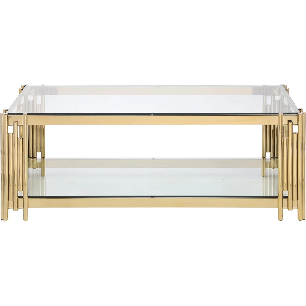 48” Gold & Glass Rectangular Coffee Table – Modern Center Table with Stainless Steel Legs