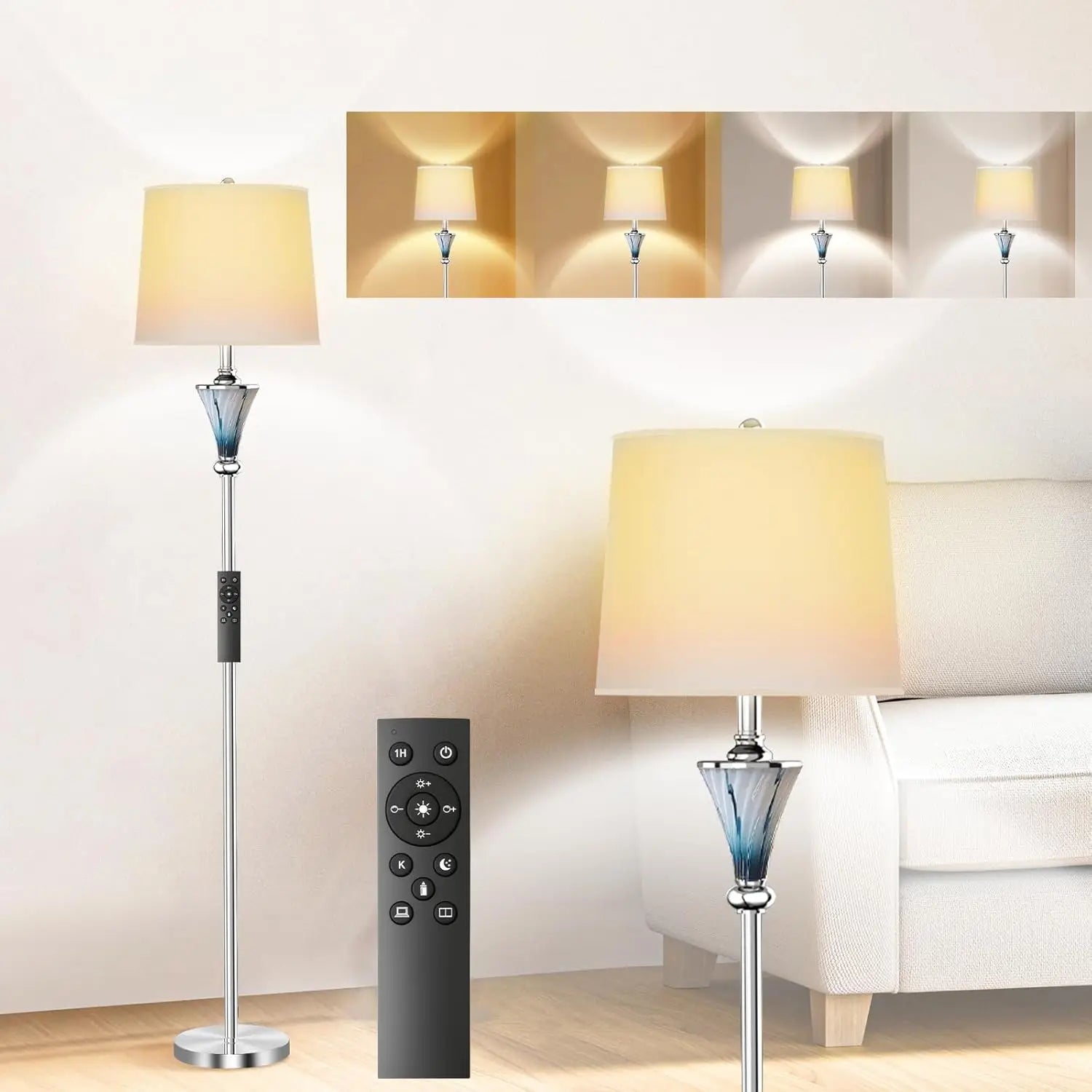 Blue Glass Floor Lamp, Smart Standing Lamp with Remote, Dimmable Color & Brightness, Modern Home Decor