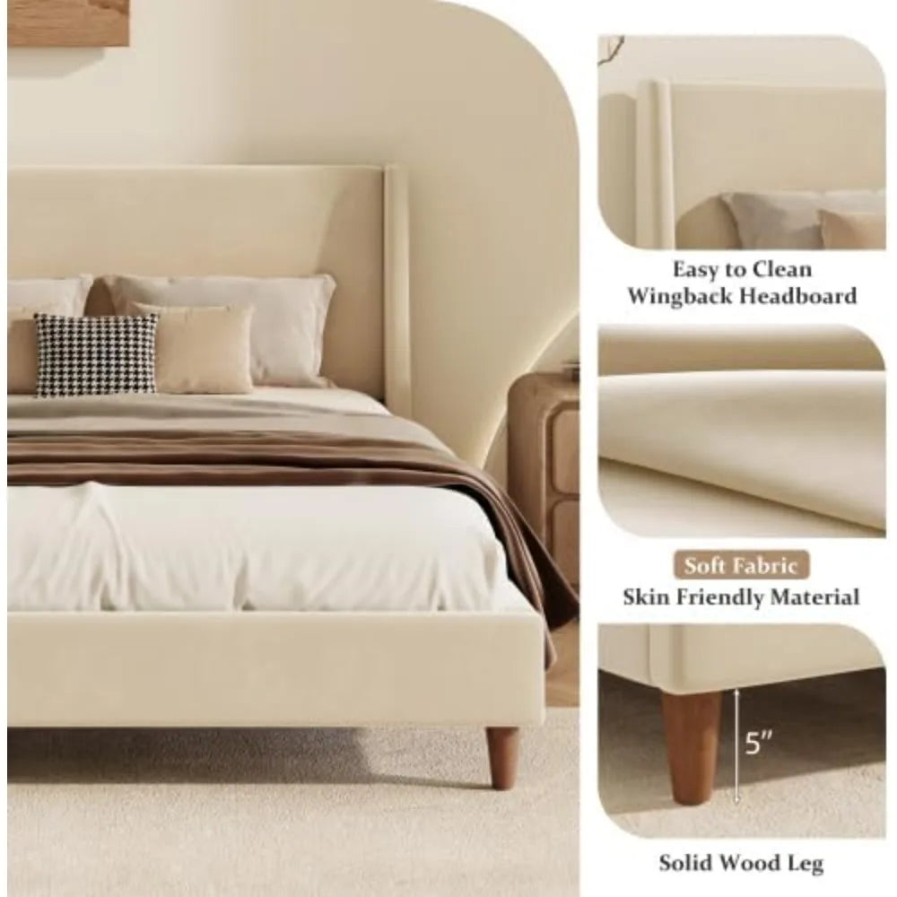 Queen Size Upholstered Platform Bed Frame – Modern Wingback Bed with Walnut Wooden Legs