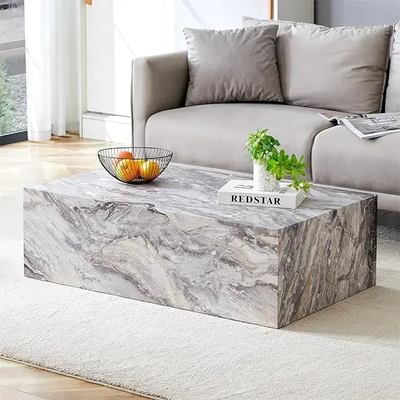 Modern Grey Faux Marble Living Room Coffee Table with Wooden Highlights