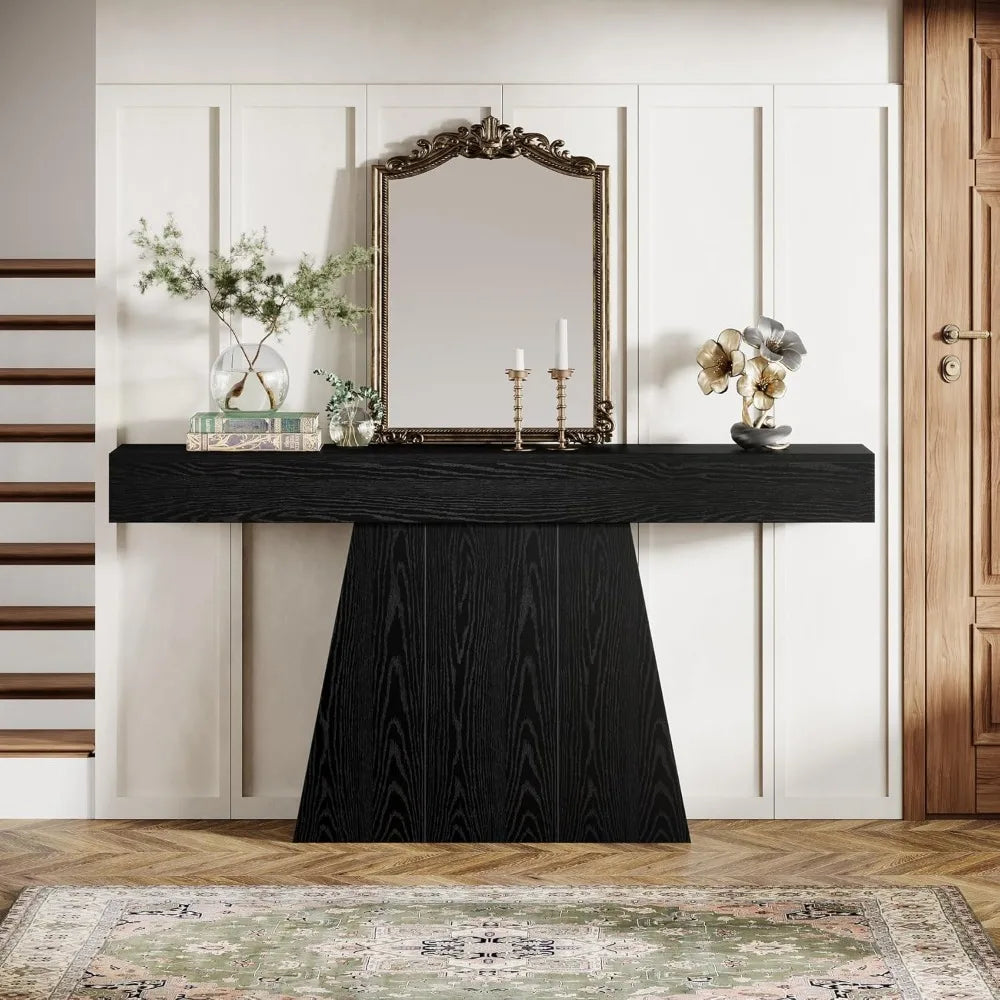 63 Black Console Table, Farmhouse Entryway Table with Trapezoidal Base, Narrow Long Wood Sofa Table Behind Couch
