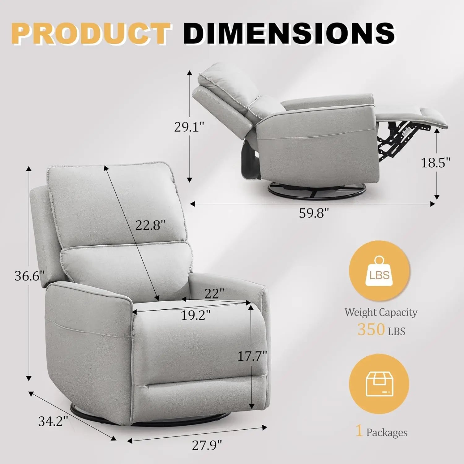 360° Swivel Recliner Chair for Adults, Upholstered Rocker with Side Pockets, Compact Glider for Living Room or Nursery
