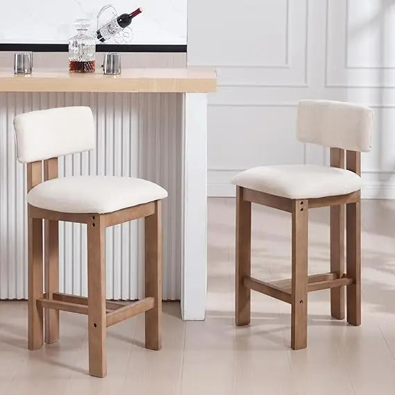 26″ Counter-Height Bar Stools – Linen Upholstered with Back & Solid Wood Legs (Set of 2)