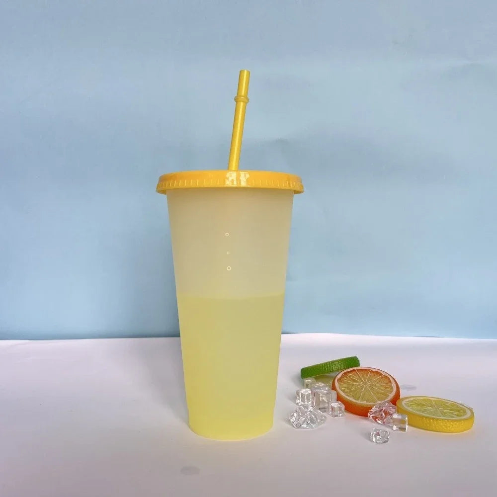 New 24oz 10Pcs Color Changing Cups with Lids and Straws 710ml Plastic Tumblers Cute Iced Coffee Cup Reusable Cups Bulk