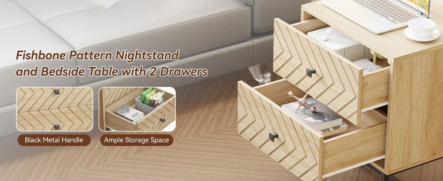 Modern Nightstand with 2 Drawers, Wood Night Stand with Metal Legs, Boho Bedside Table, Accent End Table for Bedroom