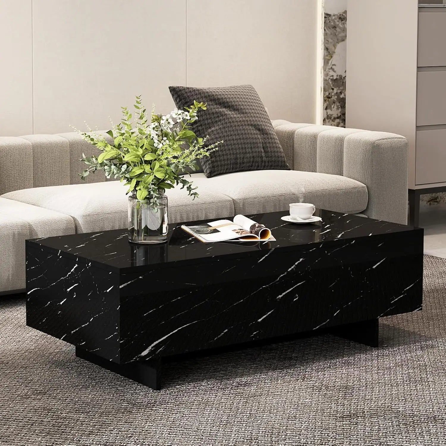 Modern Marble Coffee Table – 41.3” Rectangular High-Gloss Center Table for Living Room
