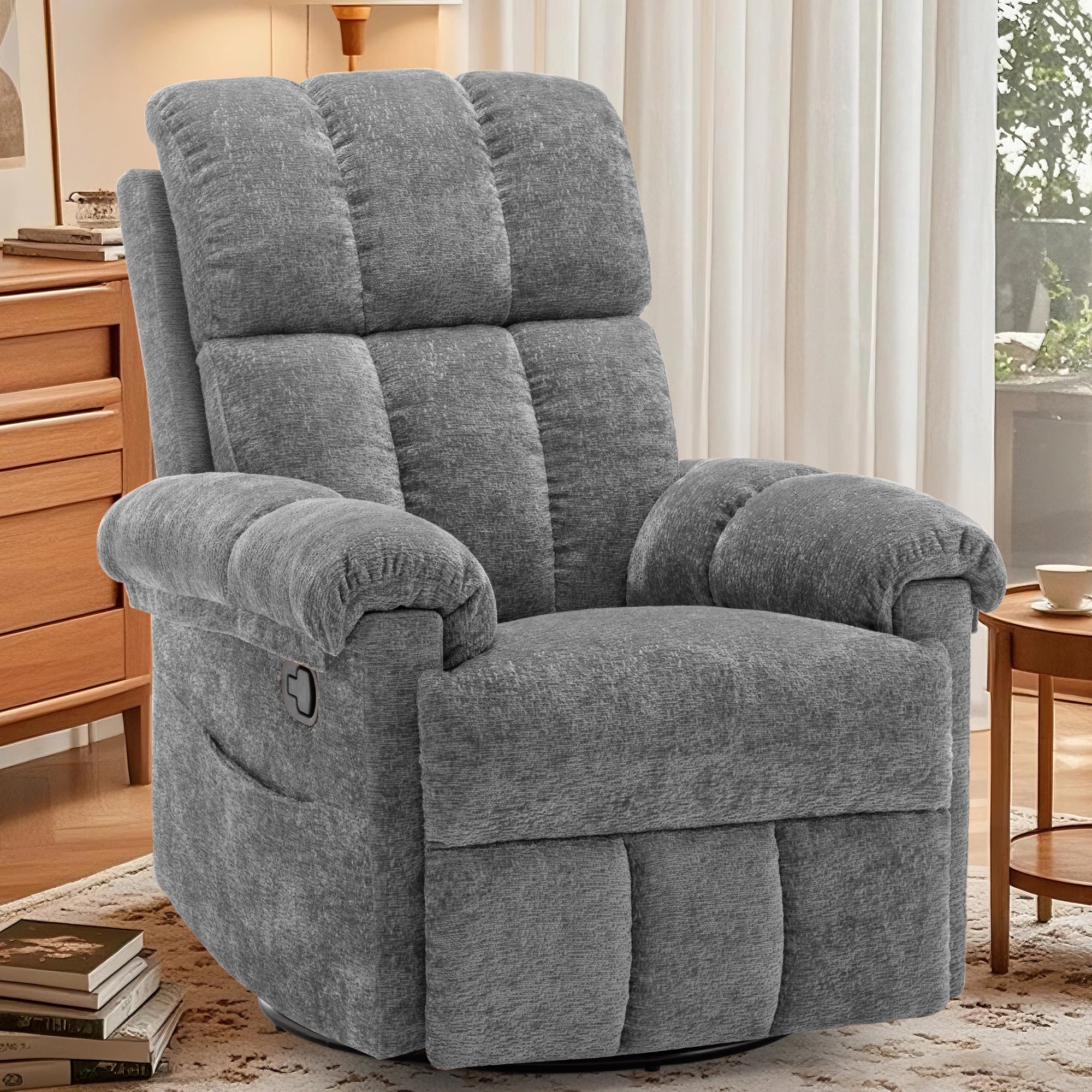 Korser Swivel Rocker Recliner Chair with Side Pockets Small Recliner for Small Spaces for Living Room, Nursery, Chenille