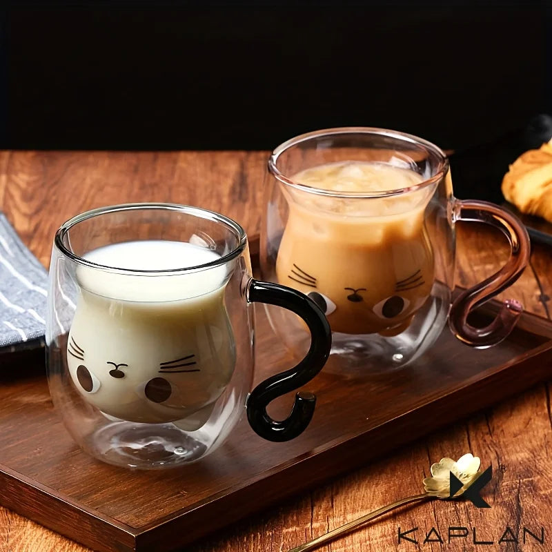 8.45/6.76oz Cute Cat Glass Cups Double-Walled Heat Resistant Milk Coffee Mug for Home Use Summer Winter Drinkware Gift Water Cup