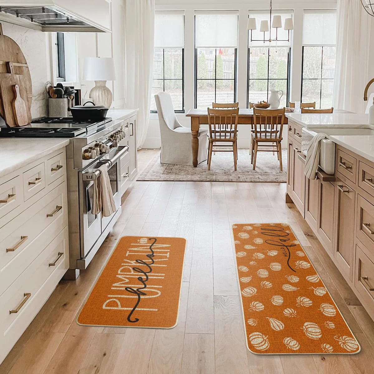 VIKAMA Orange Hello Pumpkin Fall Kitchen Mats Set of 2 Autumn Home Decor Low-Profile Kitchen Rugs for Floor