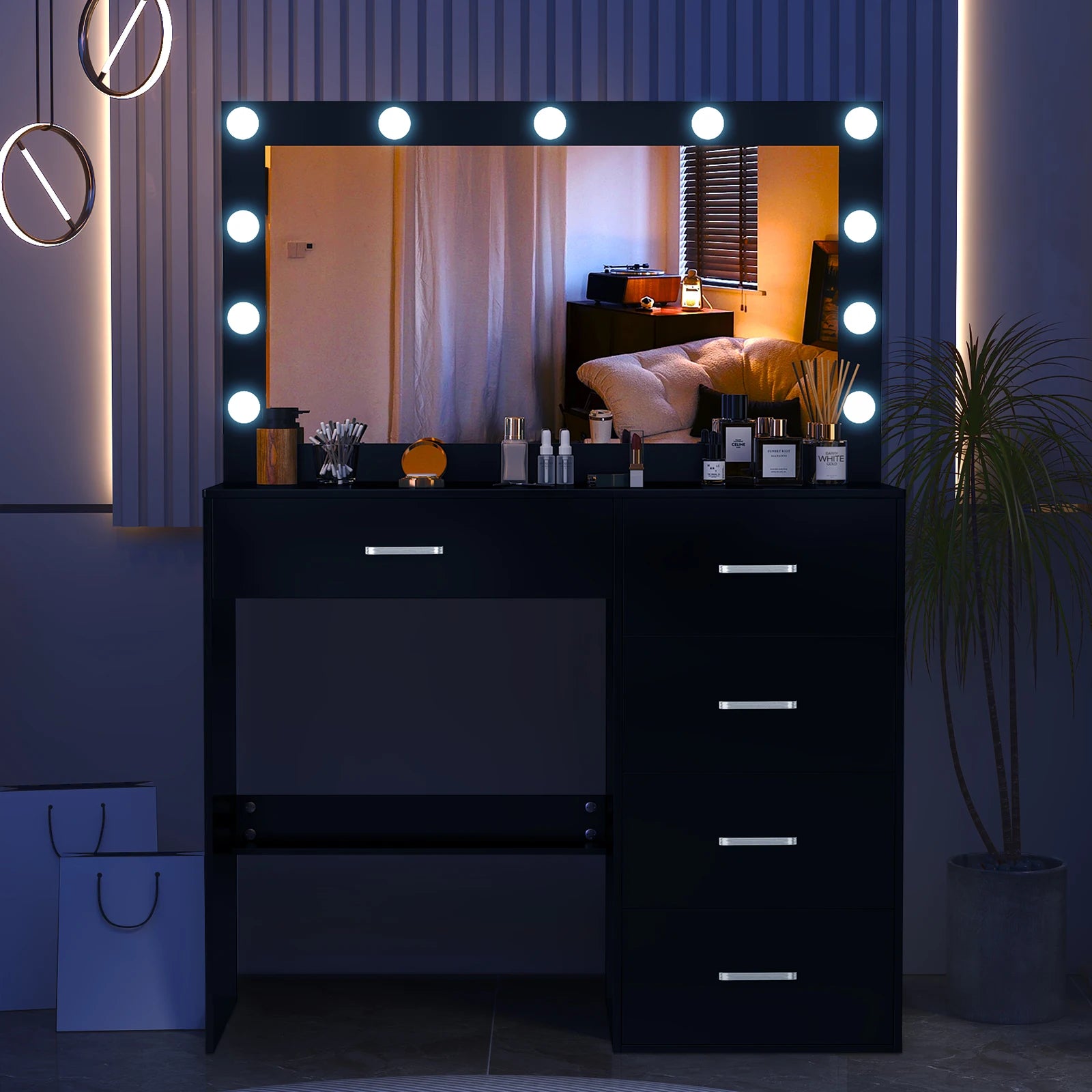 Black Vanity Dressing Table with Large Mirror 11 LED Lights Storage Drawers Bedroom Beauty Station for Women Girls Makeup Desk