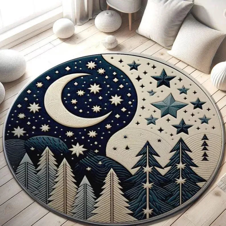 Romantic Couple Round Rug Day Night Design Visual 3D Pattern Night Sky Carpet Starry Moon Night Sky Carpet Home Decoration