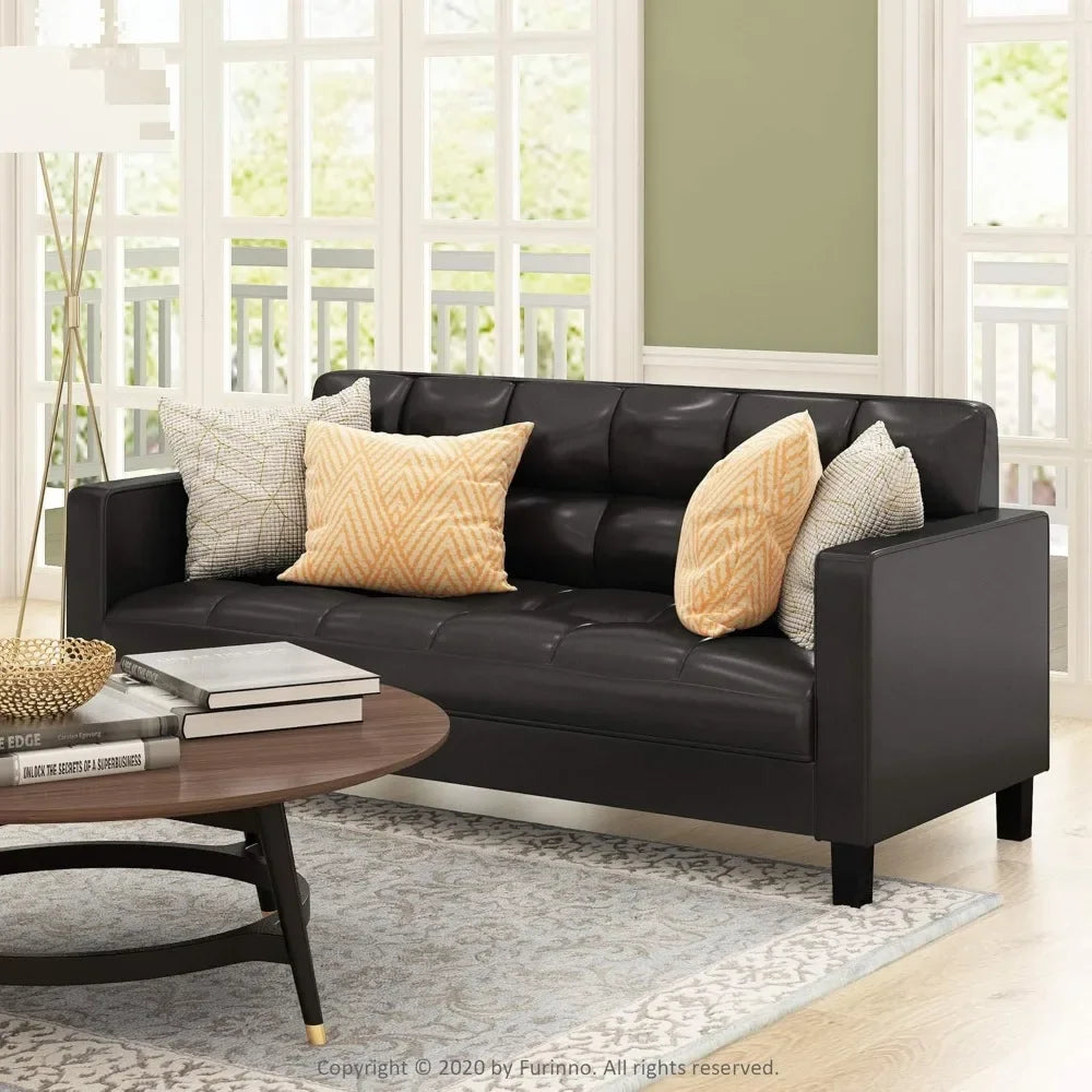 Black Contemporary Tufted Faux Leather Sofa Couch - Living Room Furniture with Sleek Design