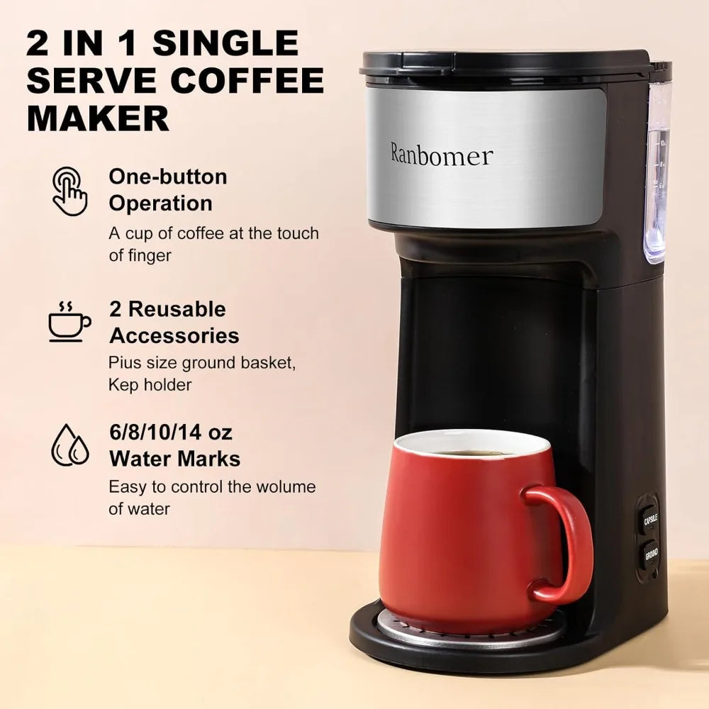 2-in-1 Single Serve Coffee Maker – K-Cup & Ground Coffee Compatible, 6–14oz Brew