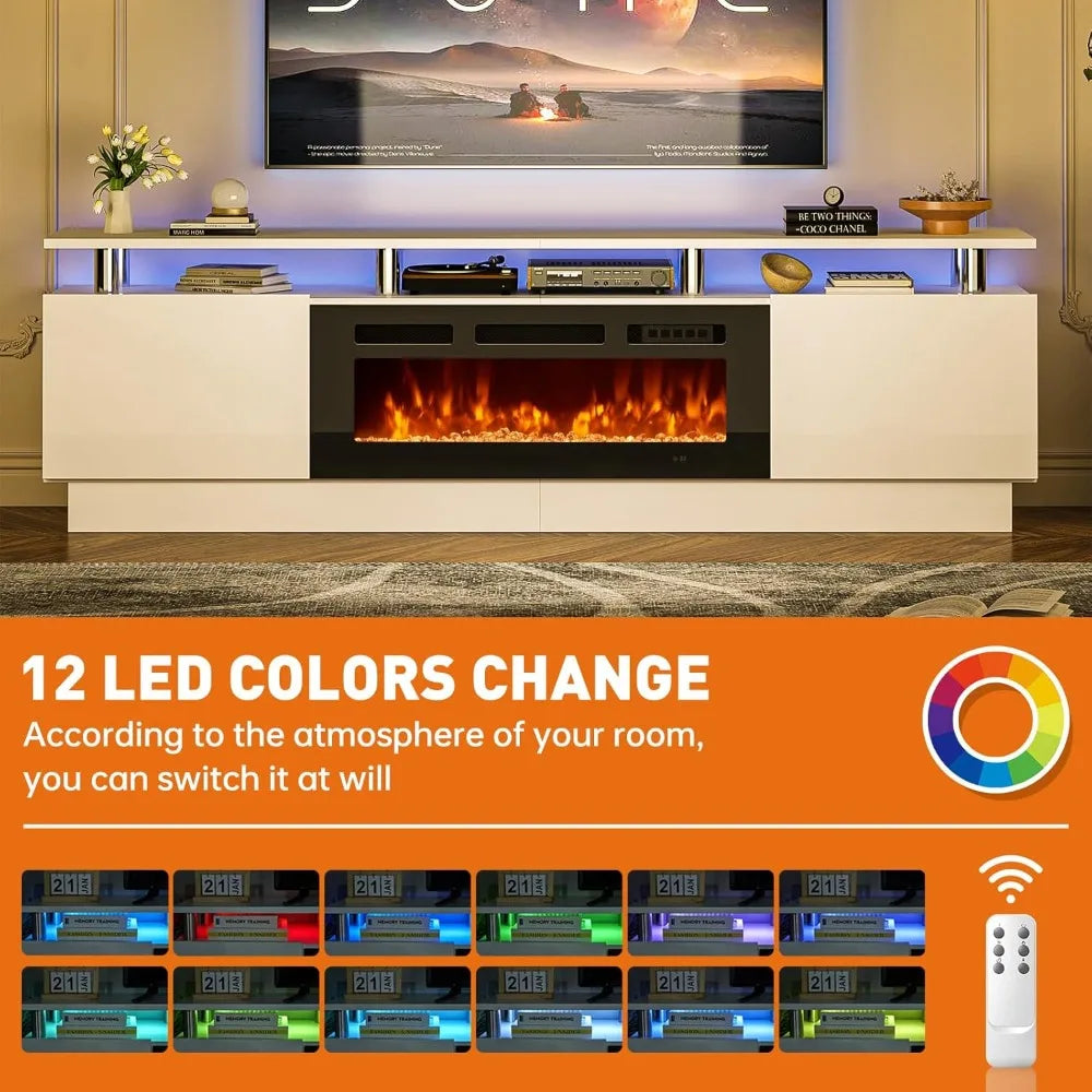 80" Modern Entertainment Center with 36 Inch Electric Fireplace Remote Control LED Light Fire Place - Wood TV Stand