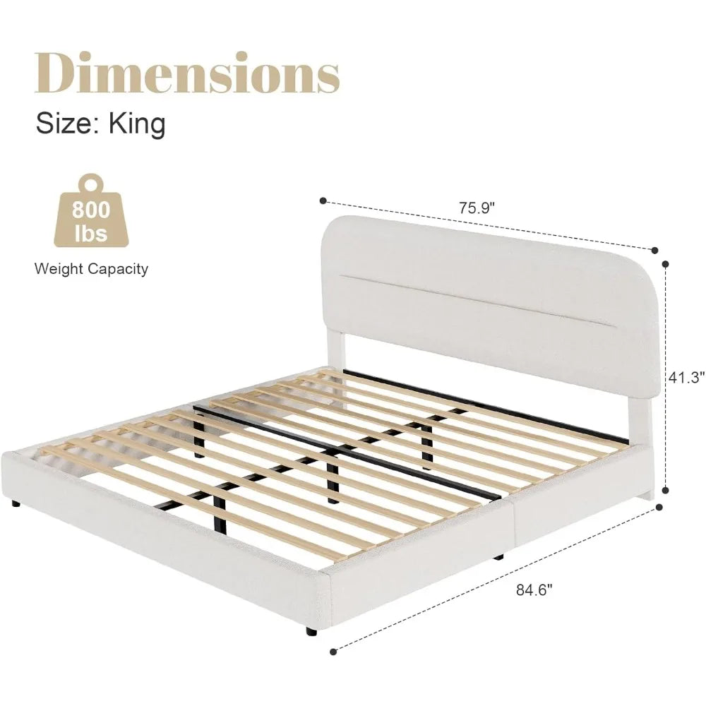 King Size Upholstered Bouclé Bed Frame – Soft Cloud Bed with Headboard & Thickened Footboard