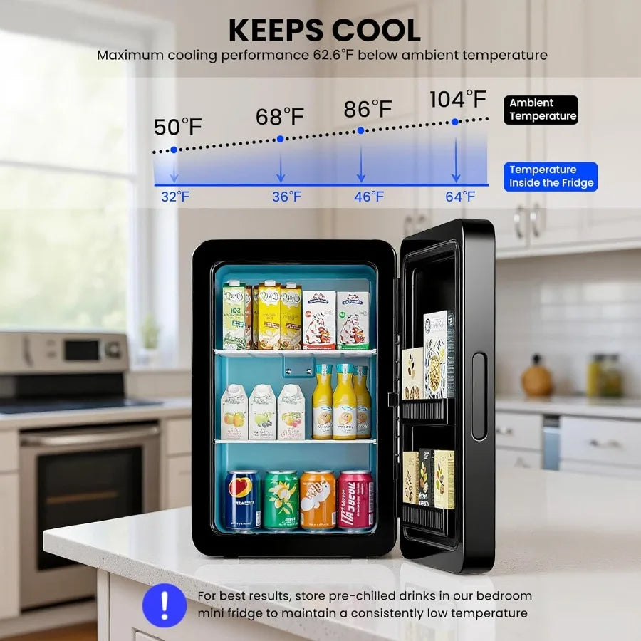 22L 30Cans Mini Fridge for Bedroom 12V DC Portable Cooler and Warmer with Glass Front Compact Refrigerator Ideal for Car Office