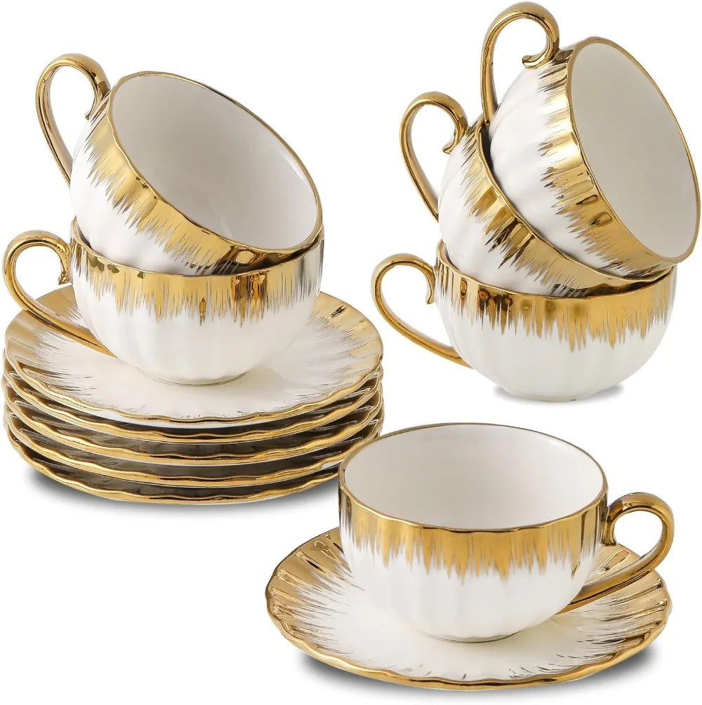 Elegant Porcelain Coffee Cups with Saucers, Set of 6, Gold Trim for Latte and Tea