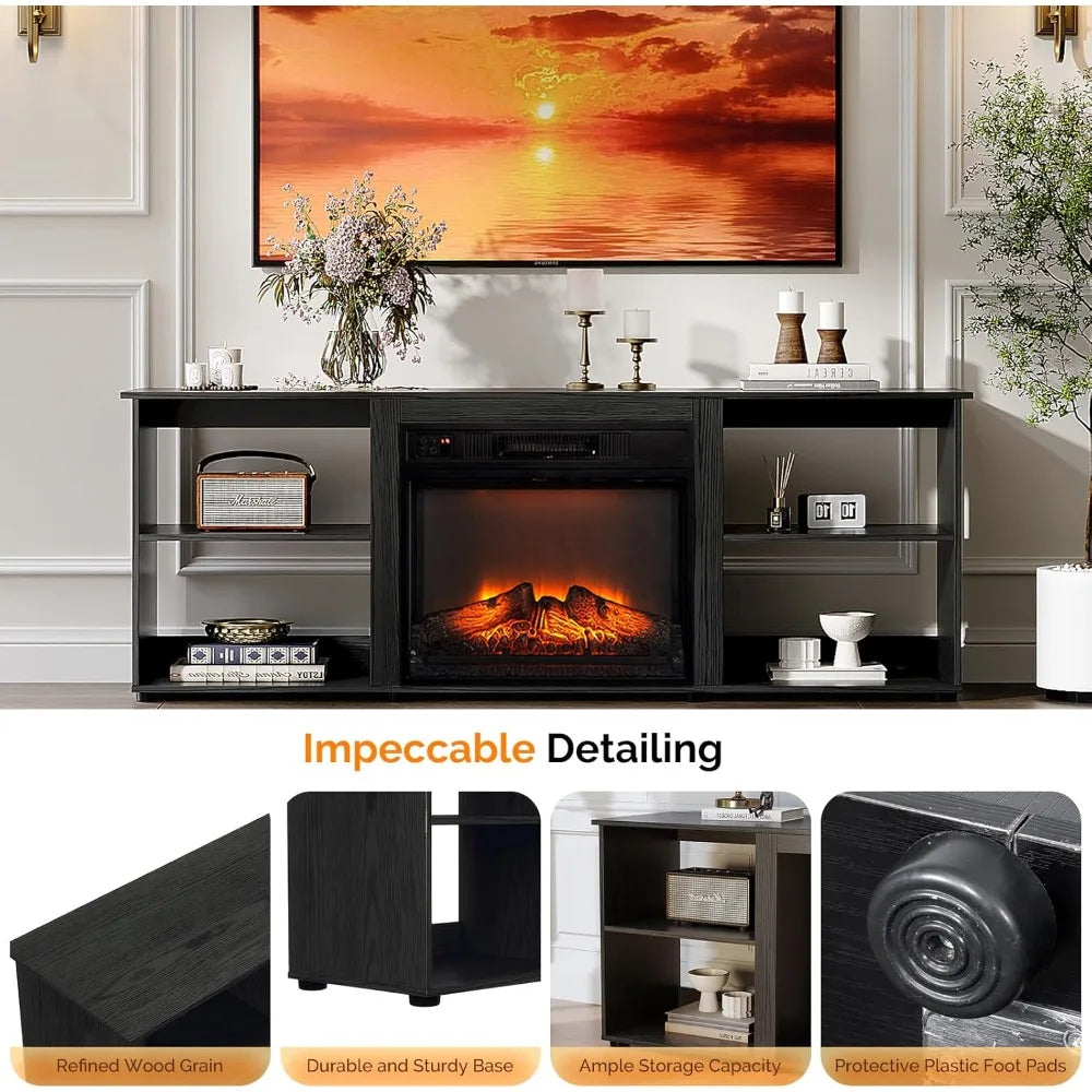 Fireplace TV Stand for up to 70 inch TVs, Modern Entertainment Center with Electric Fireplace Heater & Two Open Adjustabl