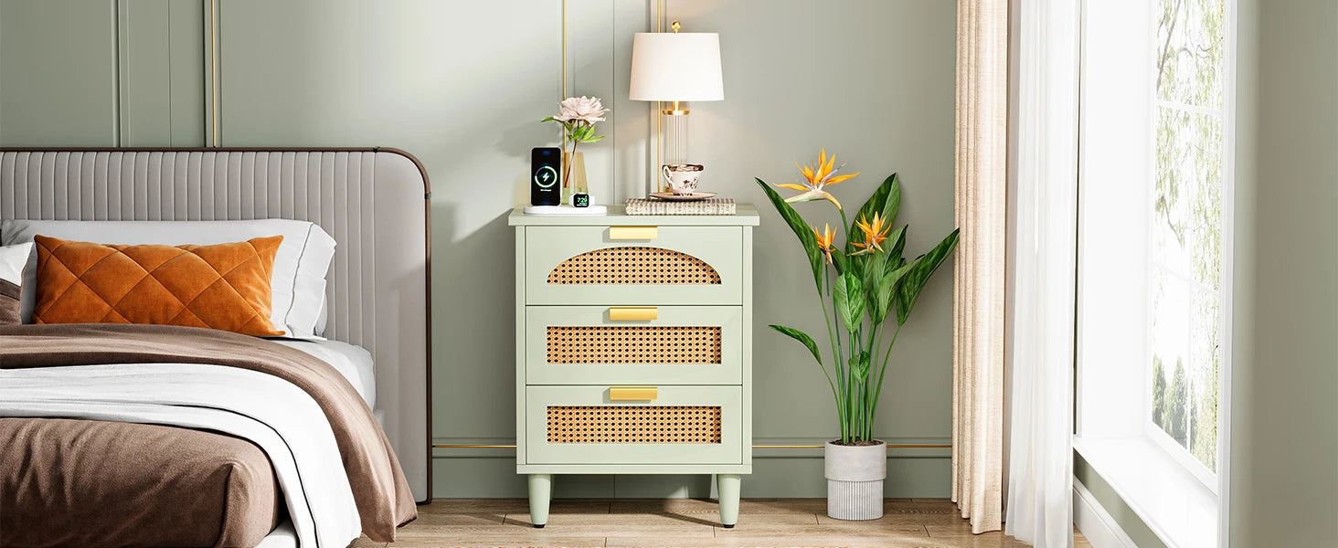 Mint Green Nightstand, 3-Drawer Rattan Night Stand Side Table, Accent Bedside Tables End Table for Bedroom and Small Spaces