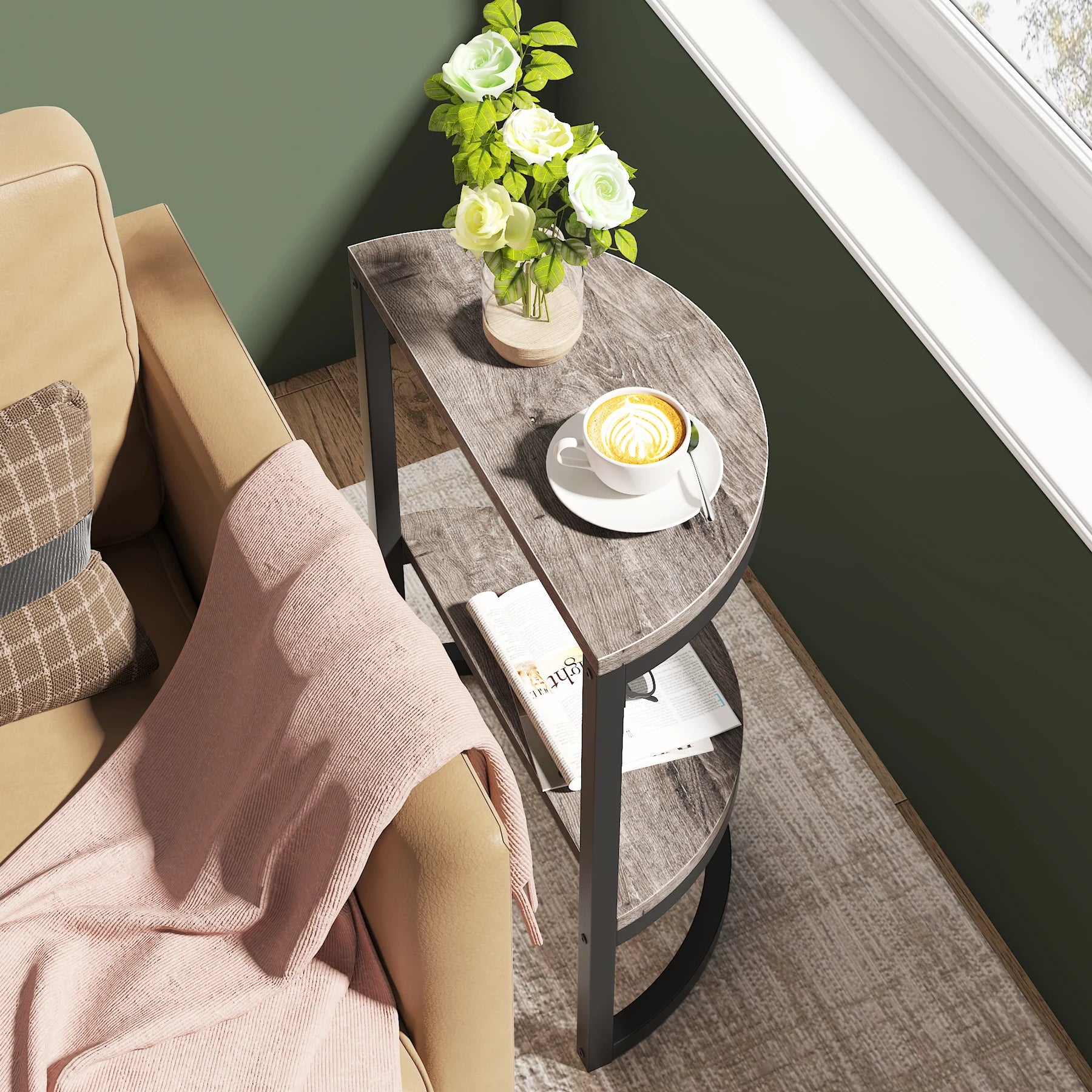 Tribesigns End Table Semi Circle, Small Half Round Side Table with Storage Shelf, Accent Table Slim C Table for Sofa Couch