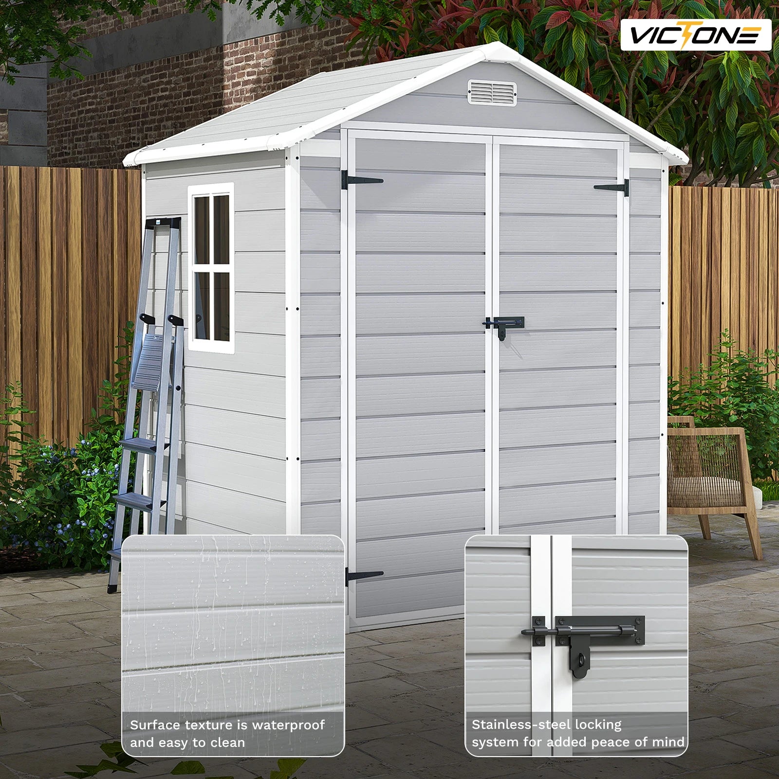 Victone 6' x 4' Plastic Outdoor Storage Shed with Floor, Resin Garden Tool shed with Windowsfor Garden, Backyard, Pool Tools