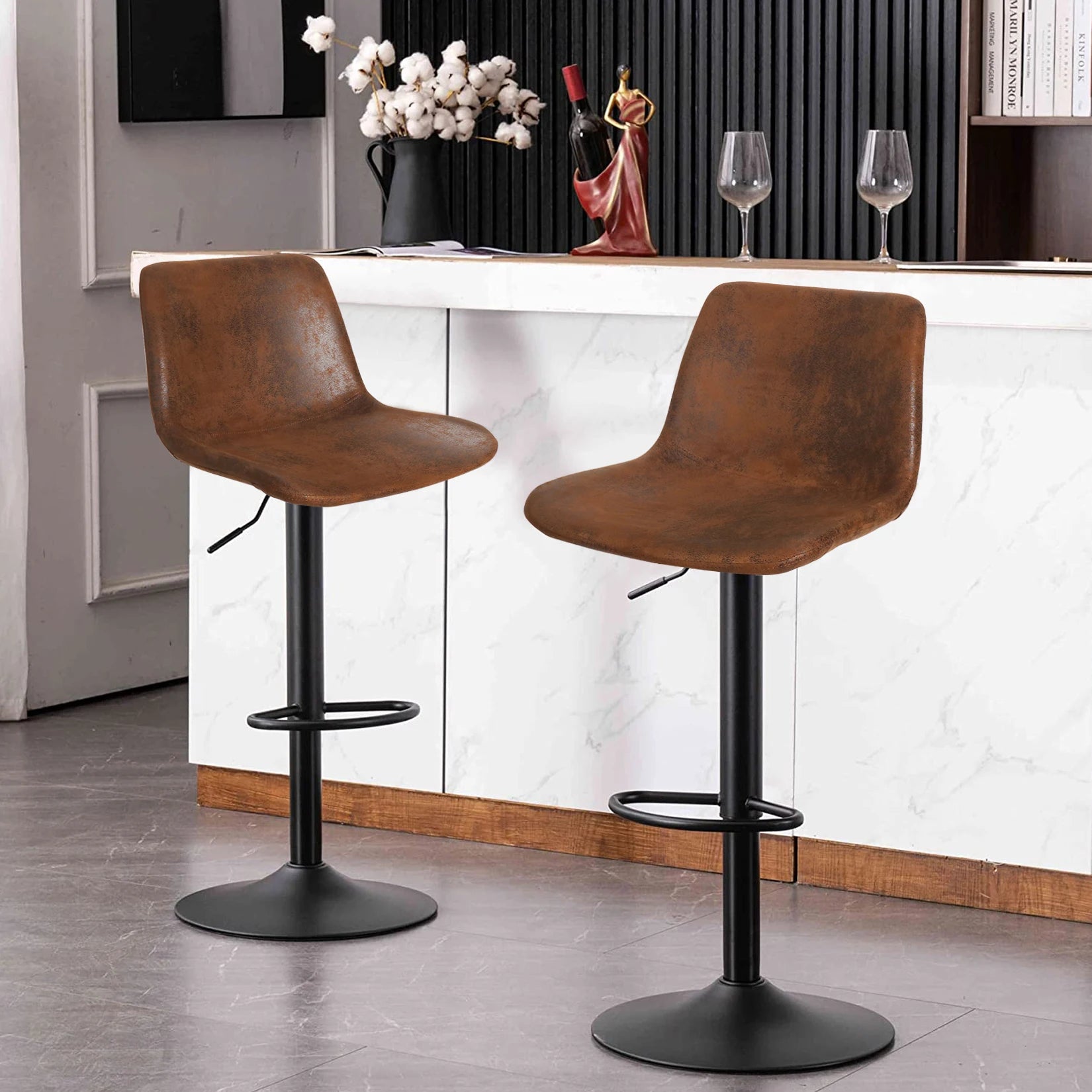 Industrial Vintage Adjustable Bar Stools – Set of 2 Pipe-Style Leather Bar Chairs