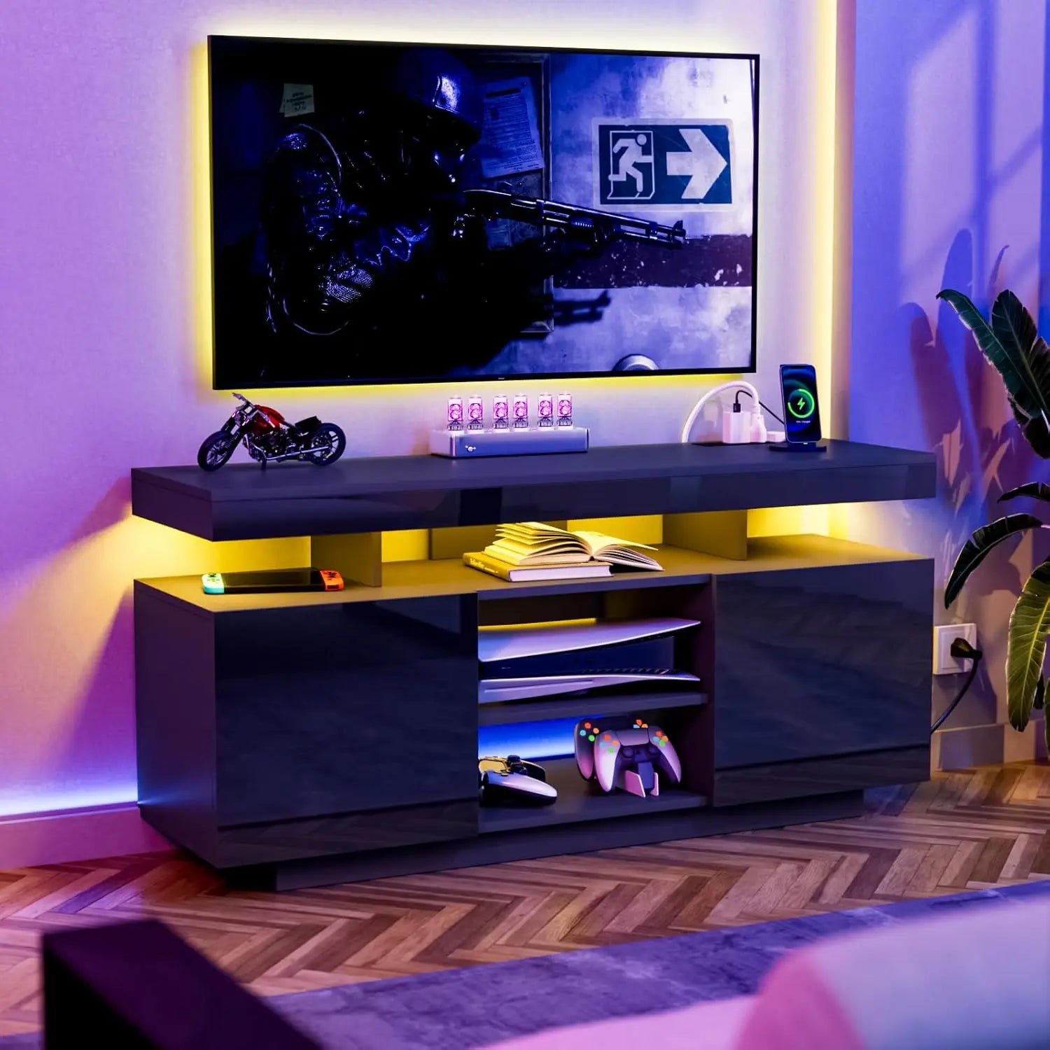 LED TV Stand for 75 Inch TV, Modern Tall Entertainment Center with Power Outlet, Gaming TV Consoles with Storage,