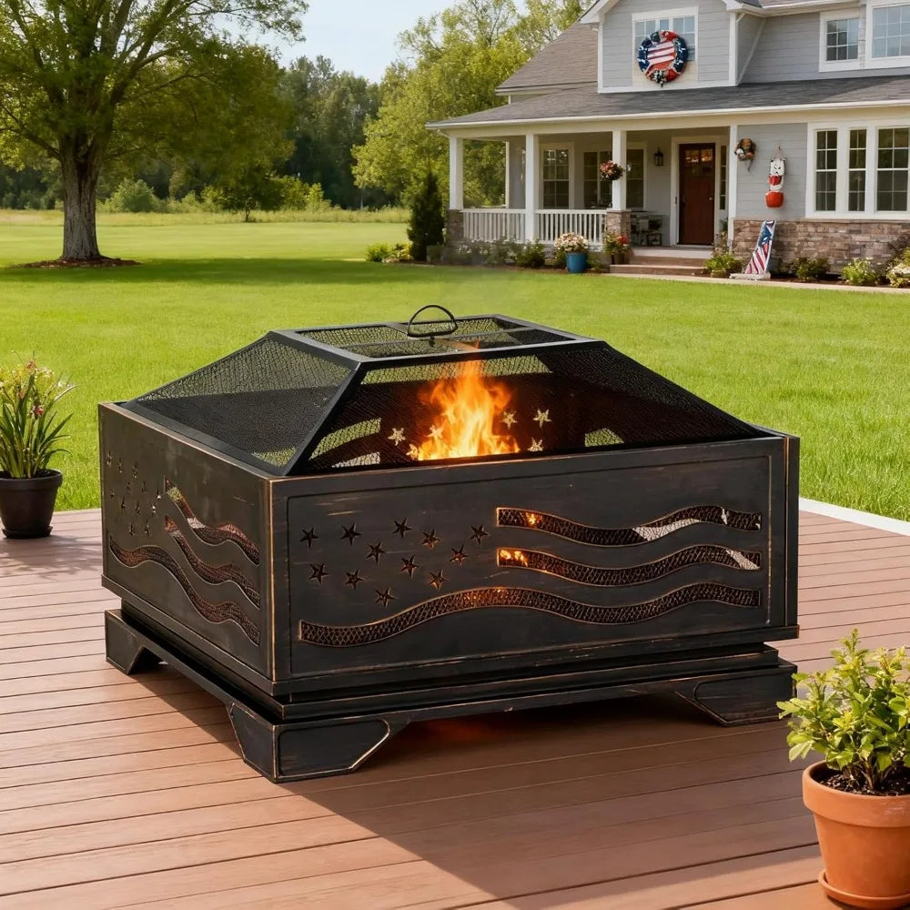 32Inch Square-Shaped Fire Pit,Outdoor Fire Pits with Spark Screen&Poker,Metal Square Wood Burning Firepits for Outside,Backyard,