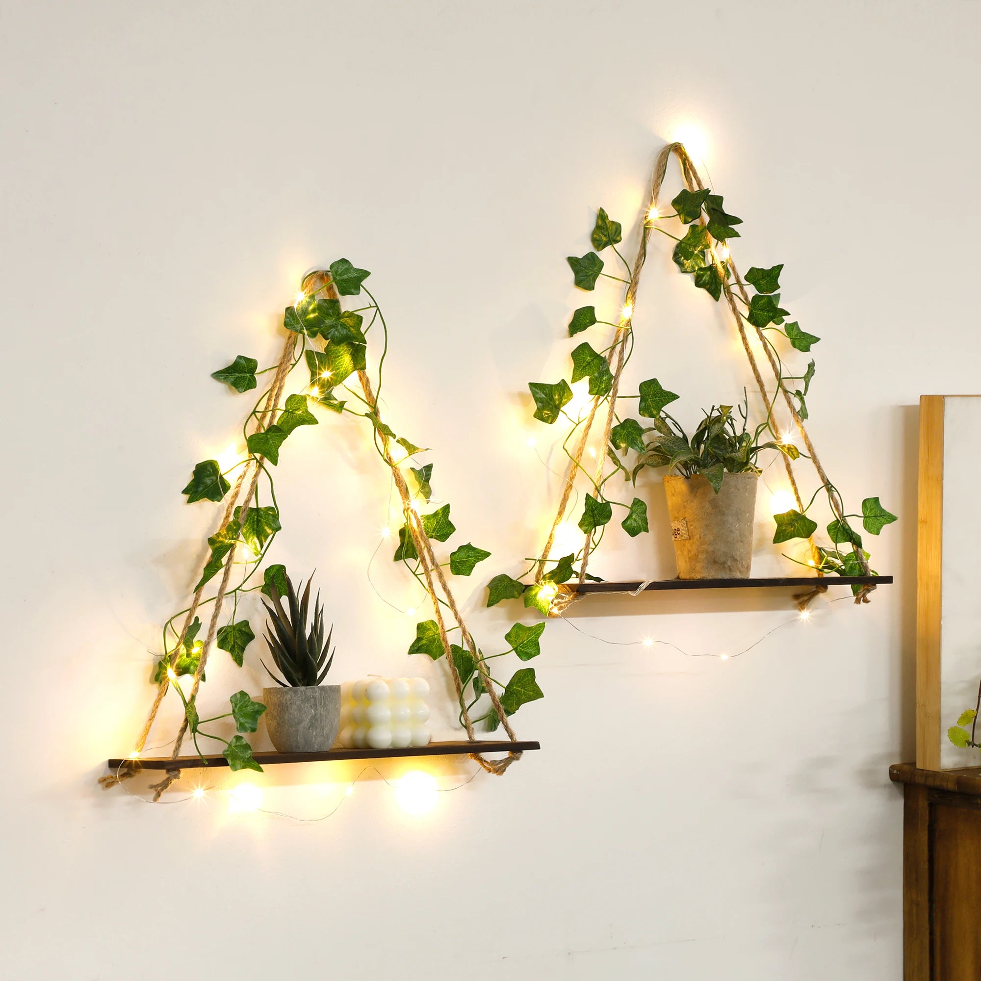 Floating Wall Shelf with Artificial Ivy LED Strip – Boho Style