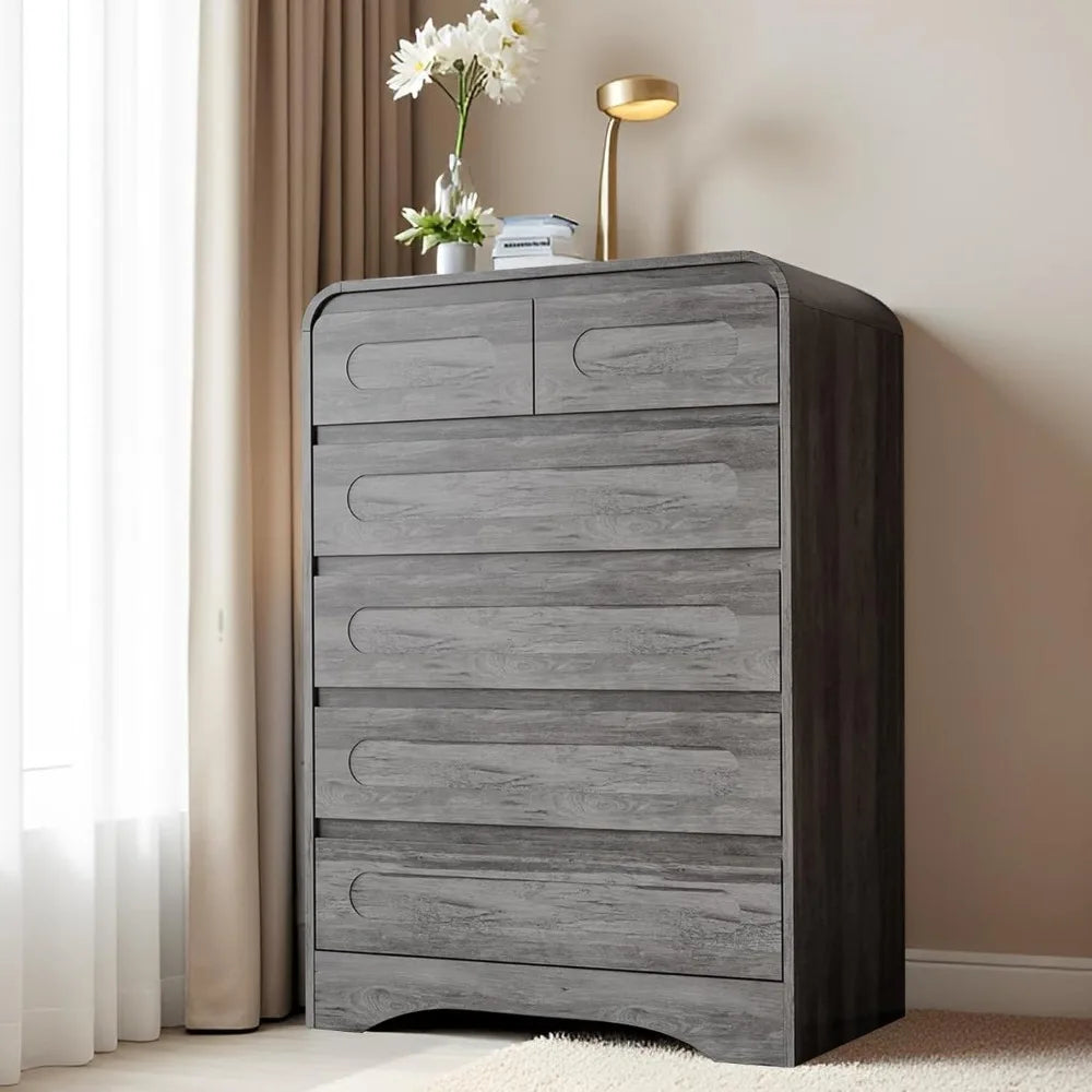 Grey Dresser for Bedroom with 6 Drawers, Tall Dressers & Chest of Drawers with Curved Profile Design, Farmhouse Wood Closet Clot