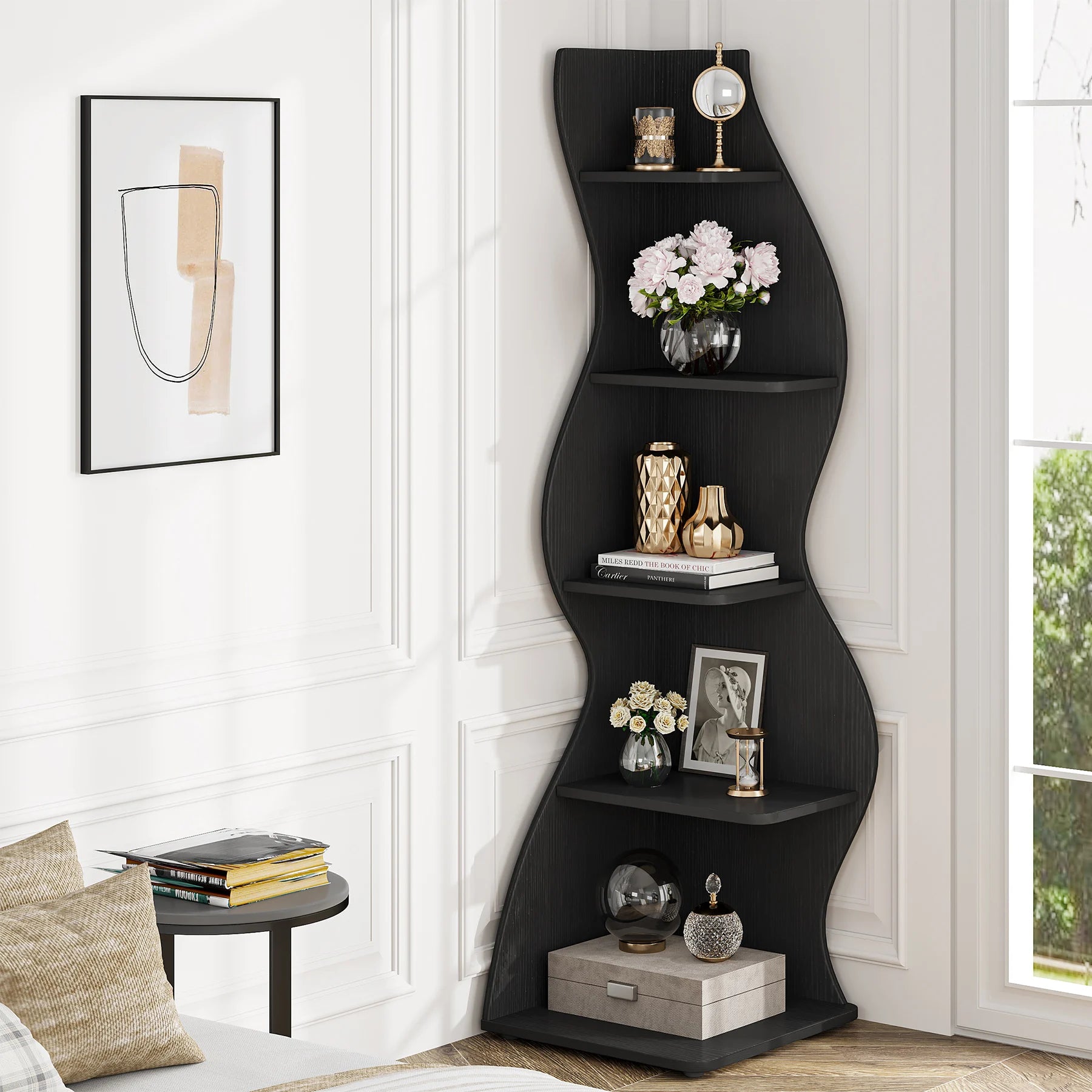Tribesigns Modern 5-Tier Corner Bookshelf – Wall Corner Storage Rack & Plant Stand