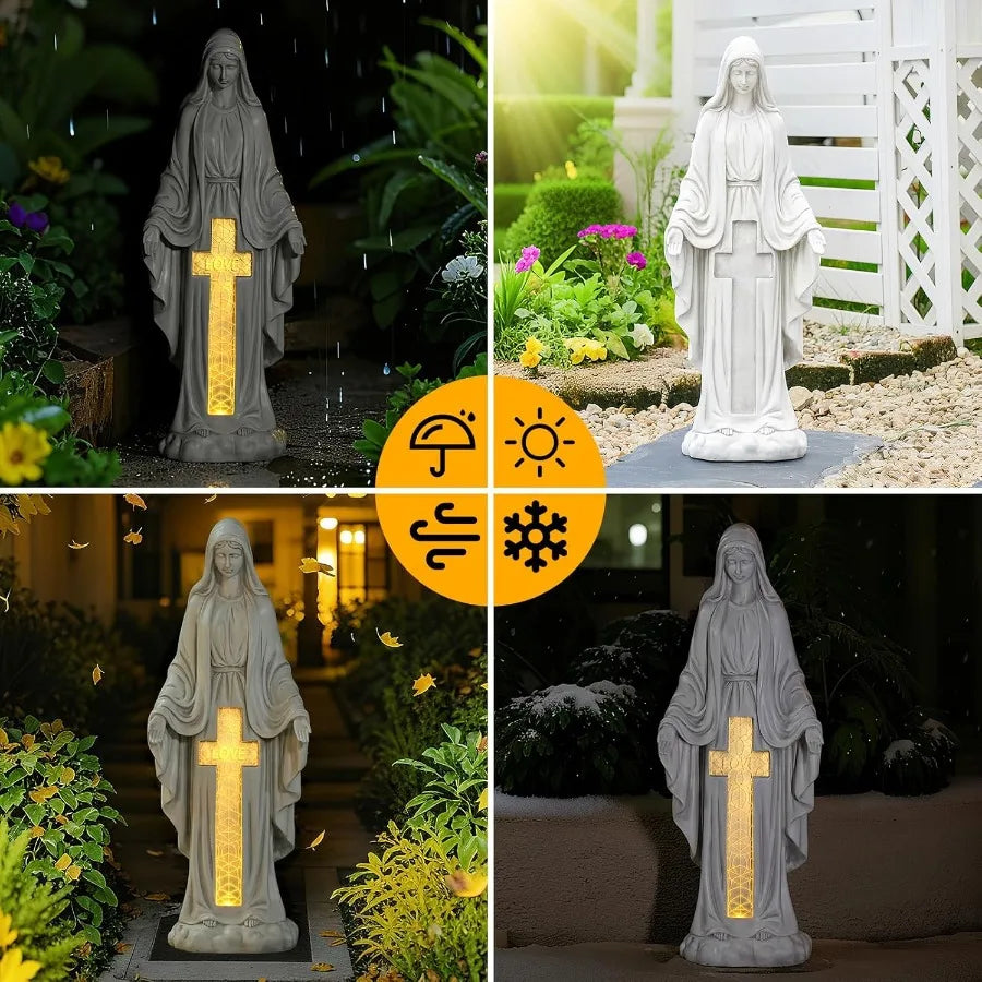 Solar Virgin Mary Praying Statue 27.9 Inch- Outdoor Religious Garden Decor with LED Lights Weather-Resistant Magnesium Oxide Sc