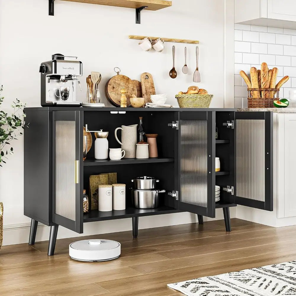 Black Kitchen & Dining Sideboard with Fluted Glass Doors and Storage Drawers