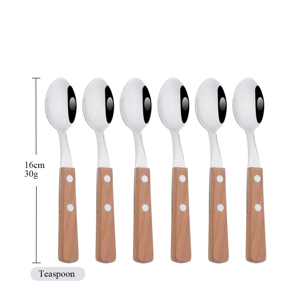 6/24Pcs 304 Stainless Stee Cutlery Set Luxury Wooden Handle Dinnerware Flatware Set Kitchen Western Knife Spoon Fork Tableware