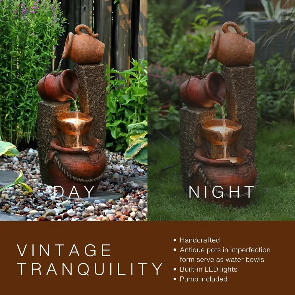 32 Farmhouse-Style Outdoor Water Fountain with Cascading Pitchers and Lights, Garden Decorative Water Feature