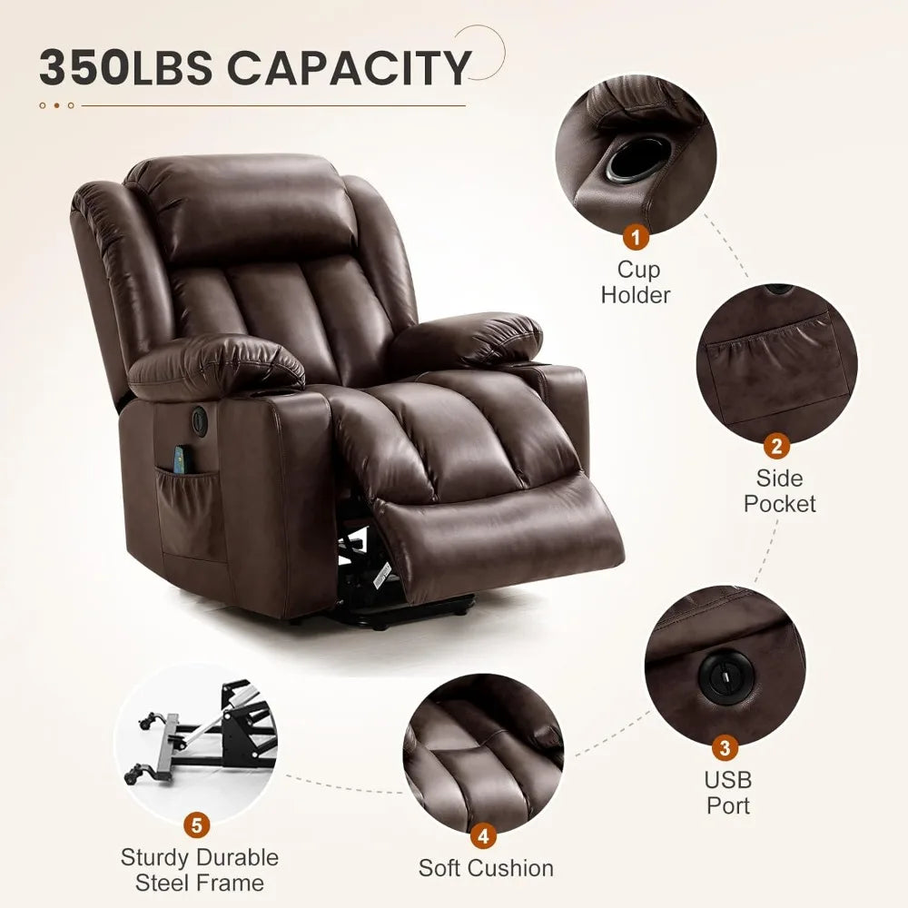 Power Lift Recliner Chair for Elderly with Massage and Heat, Breathable Leather Recliner Chair for Adults, 2 Cup Holder,USBPorts