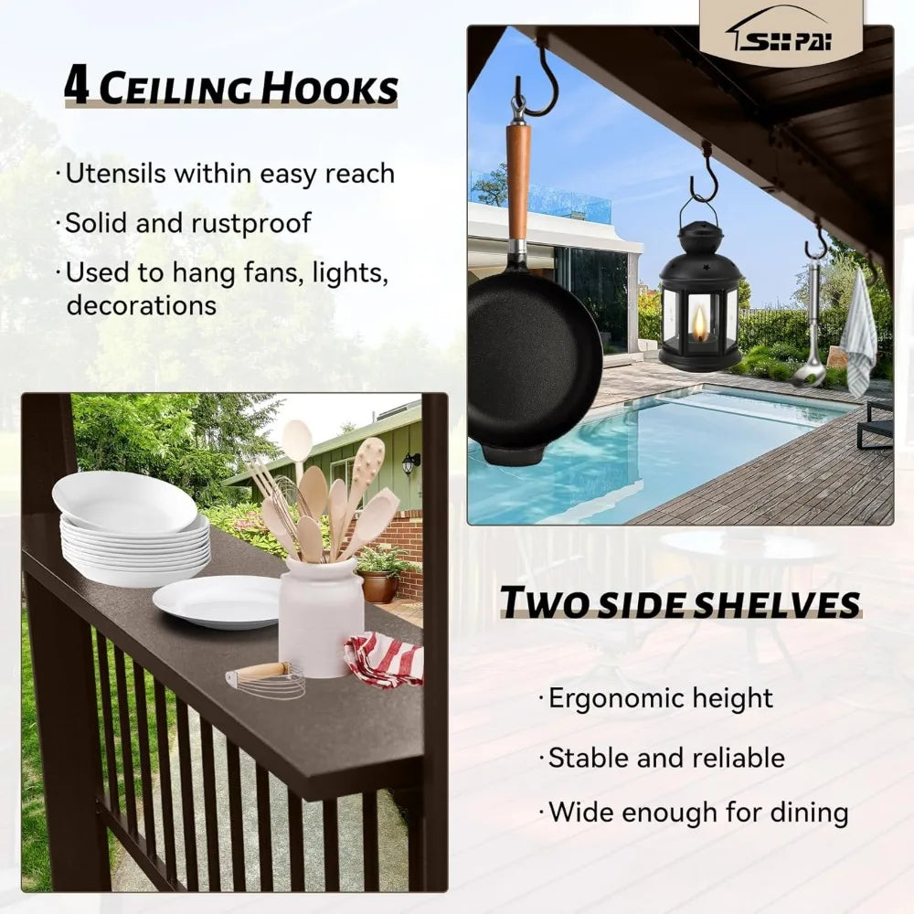 6.5x12FT Hardtop Grill Gazebo, All-Weather Outdoor BBQ Gazebo with 2 Side Shelves and 4 Ceiling Hook, Galvanized Steel Pitched R