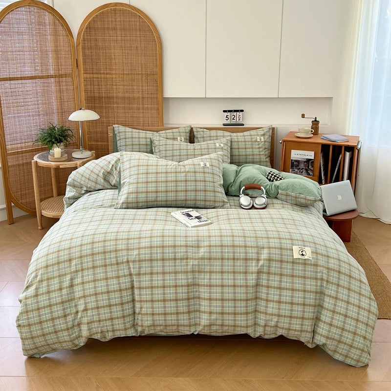 Cotton Duvet Cover Set – Japanese Grid Style (King Size, 220×240)