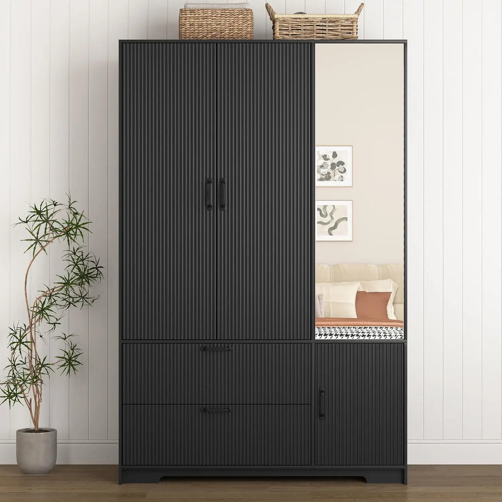 3 Door Fluted Black Armoire Wardrobe with Mirror – Freestanding Bedroom Storage Cabinet