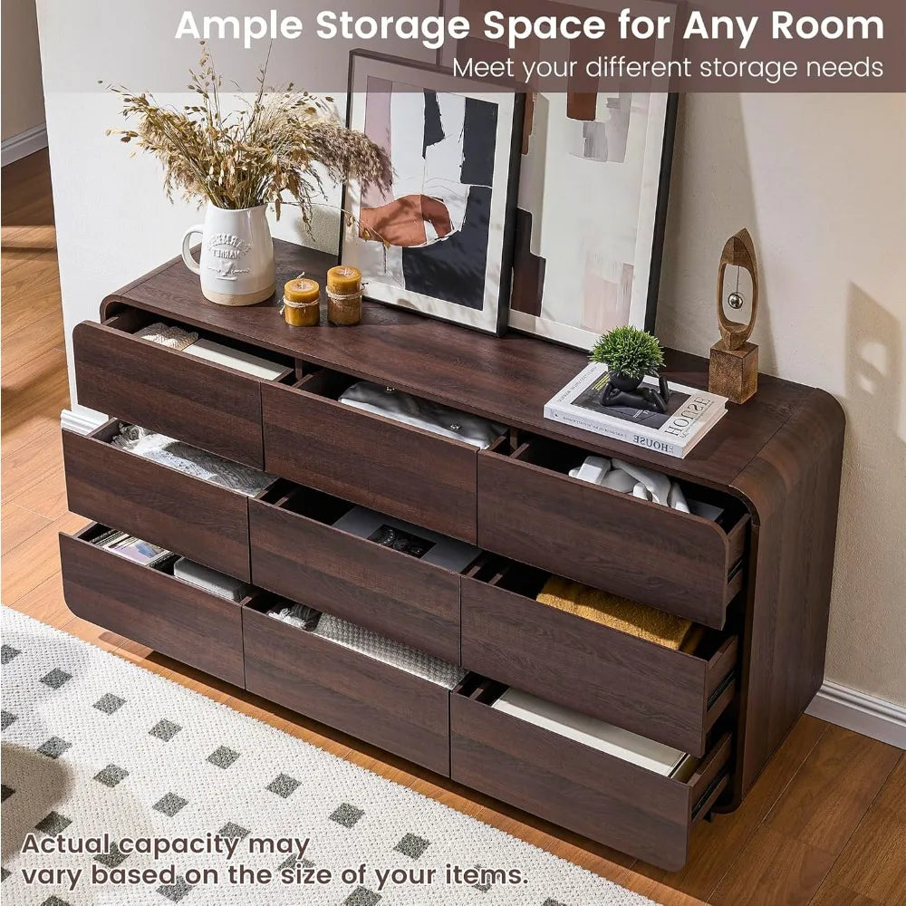 9 Drawer Double Dresser for Bedroom, Modern Curved Wood Chest Drawers of Handleless, Large Storage Dresser Bedroom, Living Room