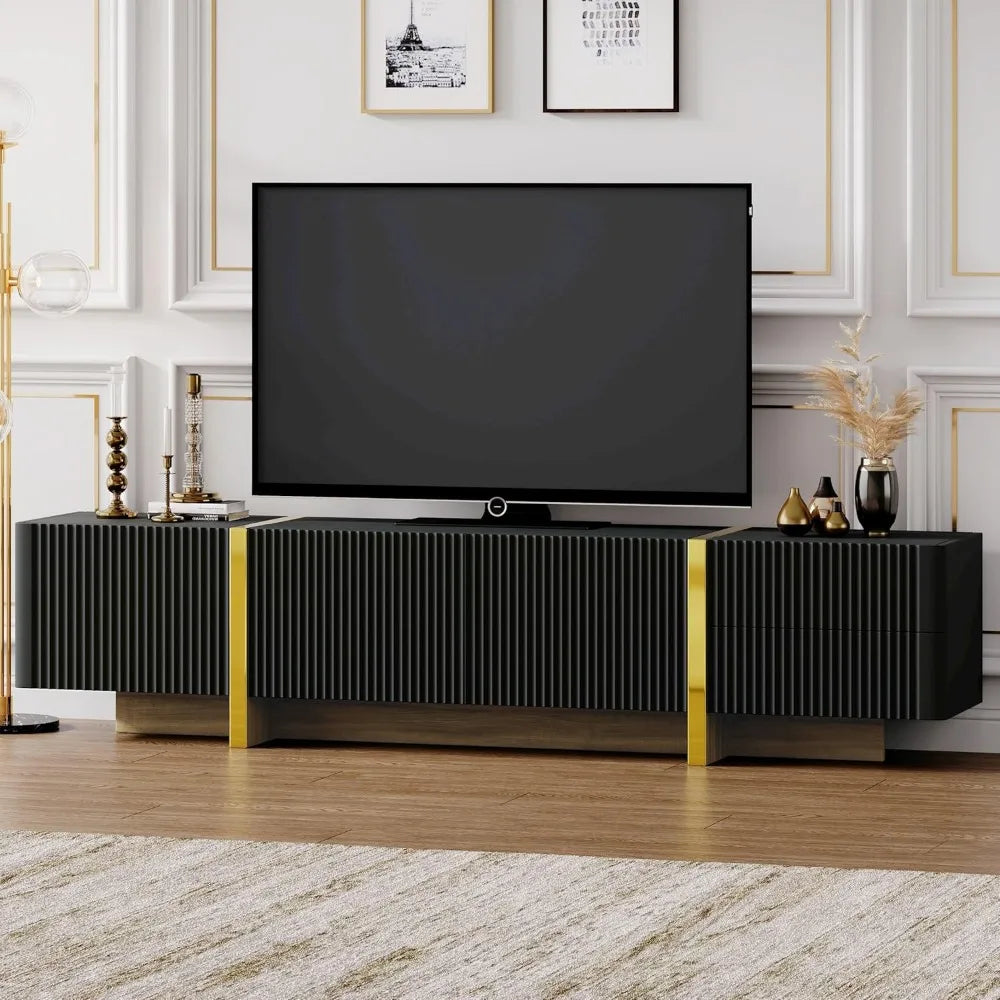 Luxury Fluted TV Stand with Storage Cabinets & Drawers, Smooth Media Console with Golden Wood Grain Legs, 75" L x 14" W x 18" H