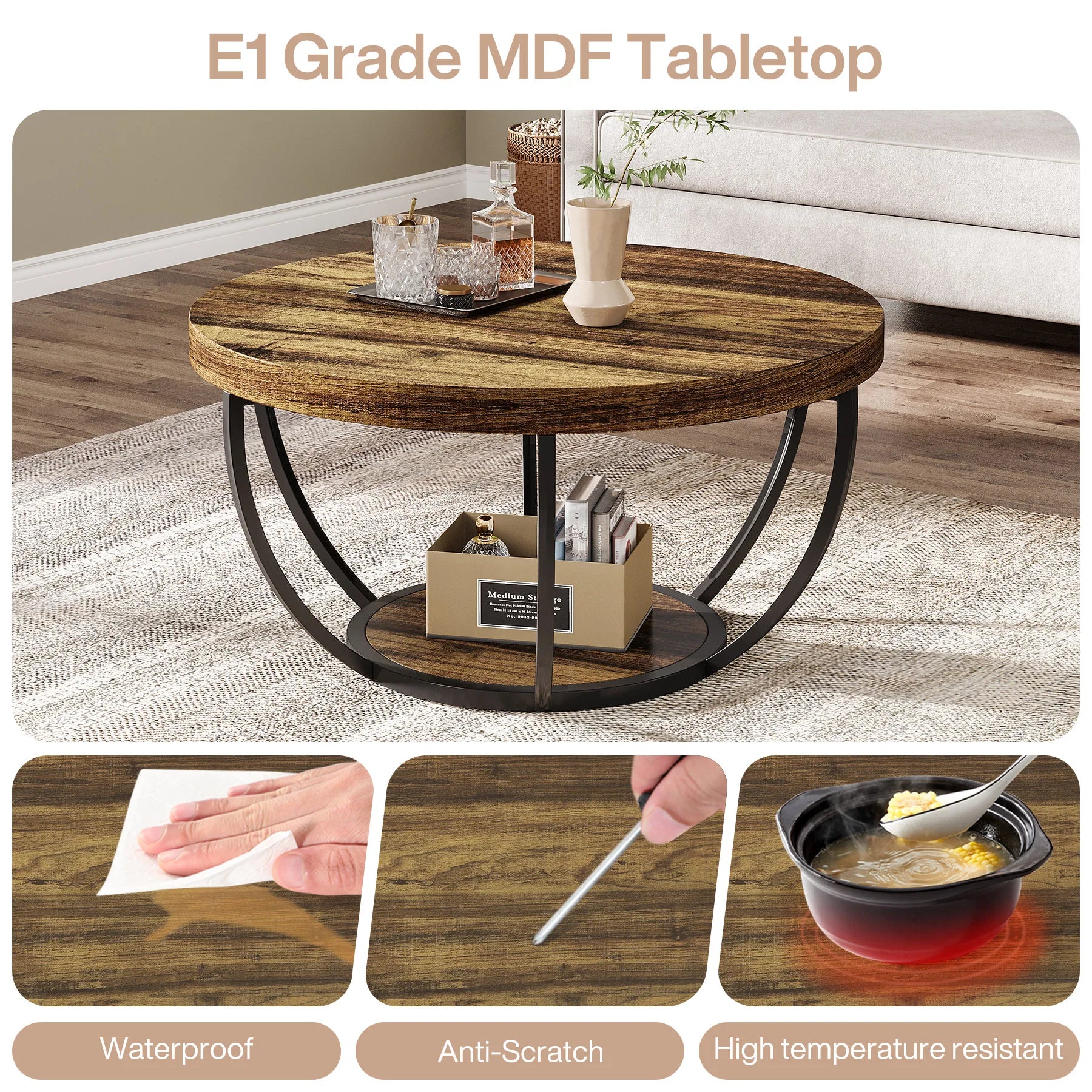 31.7” Round Industrial Coffee Table – 2-Tier Circle Table with Storage Shelves