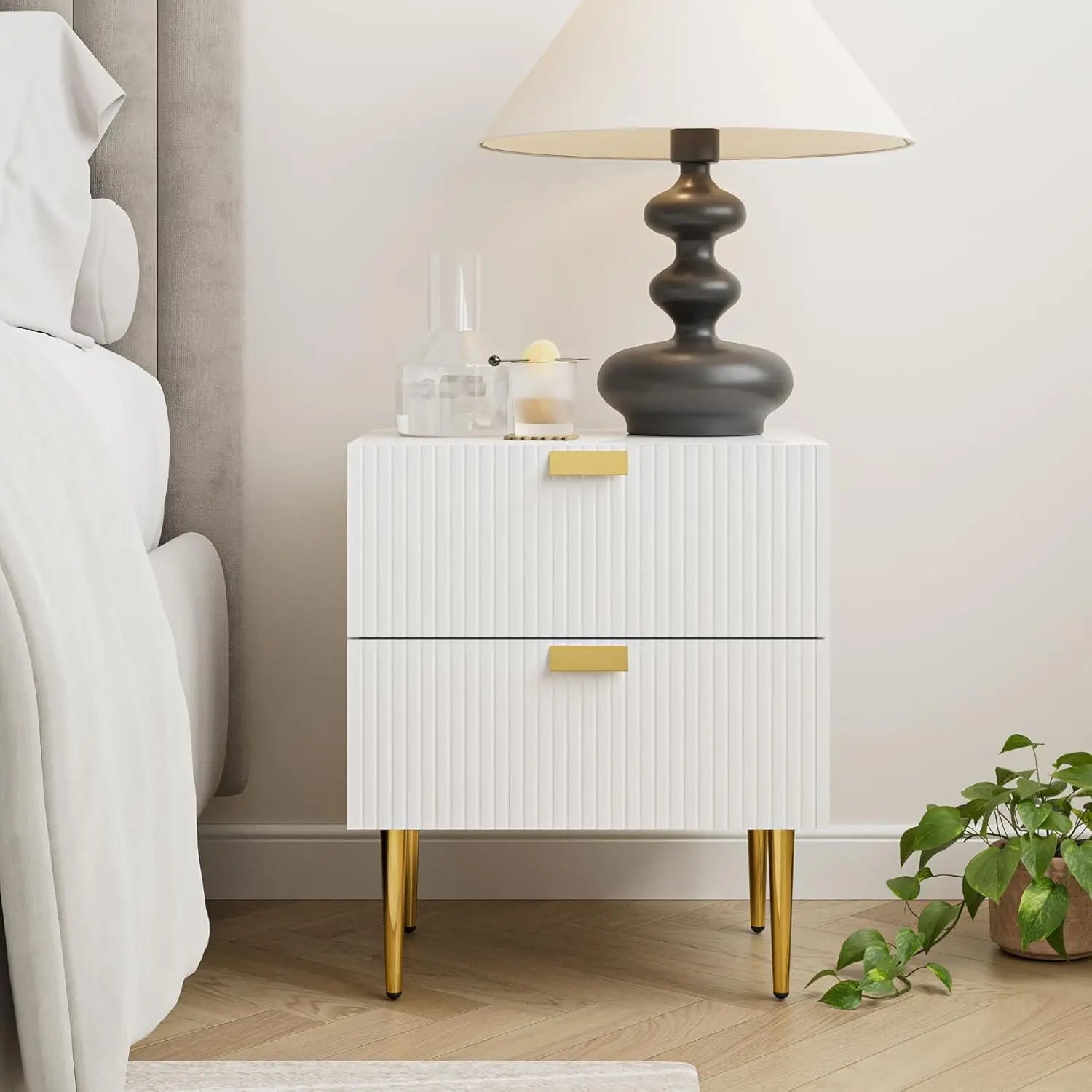 Nightstand with Drawers, Large Fluted Night Stand, End Table for Living Room, Mid Century Modern Bedside Table