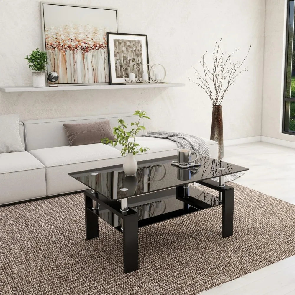 Modern 2-Tier Glass Coffee Table – Rectangular Black Glass Living Room Side Table