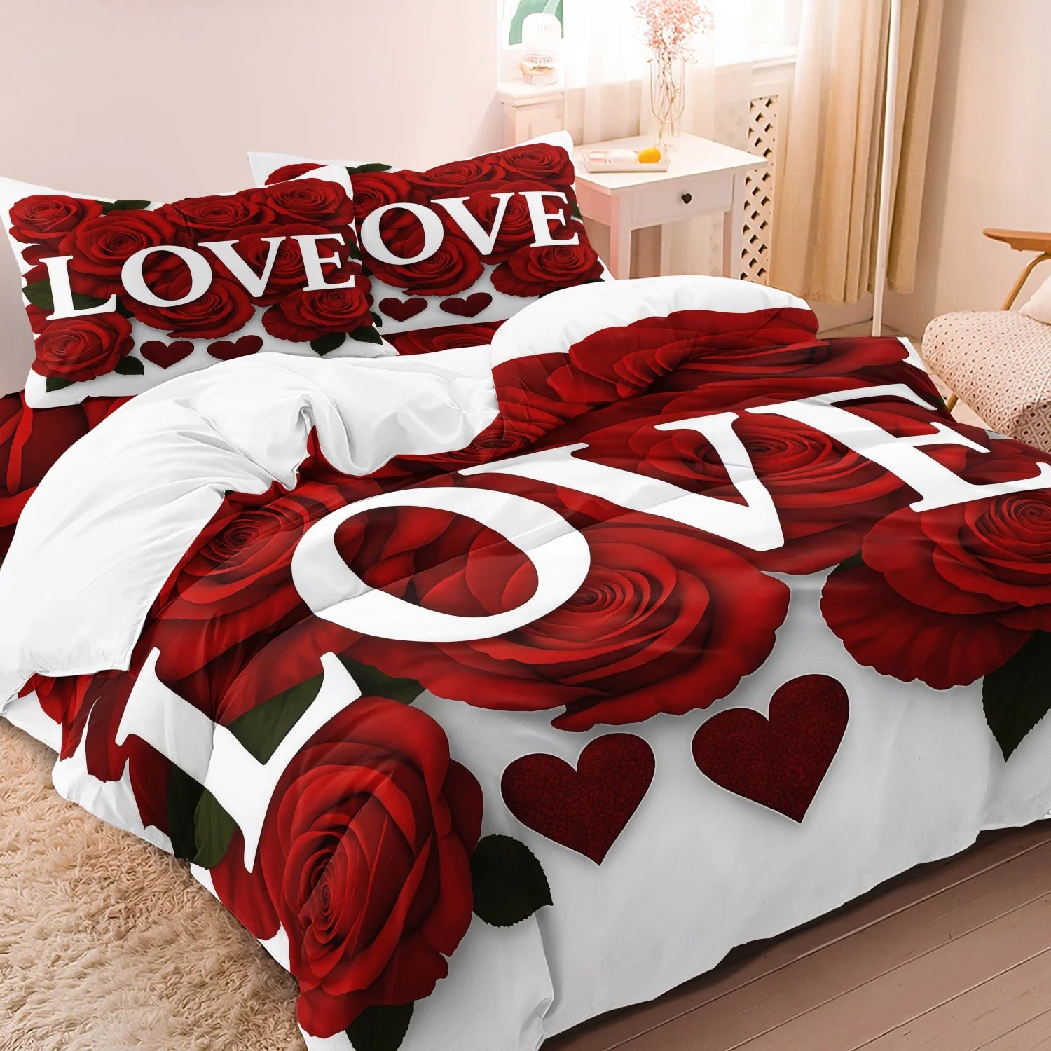 3pcs Valentine'S Day Romantic Rose Love Letter Pattern Duvet Cover Set, Bedding Set, Soft And Comfortable Duvet Cover Bedroom
