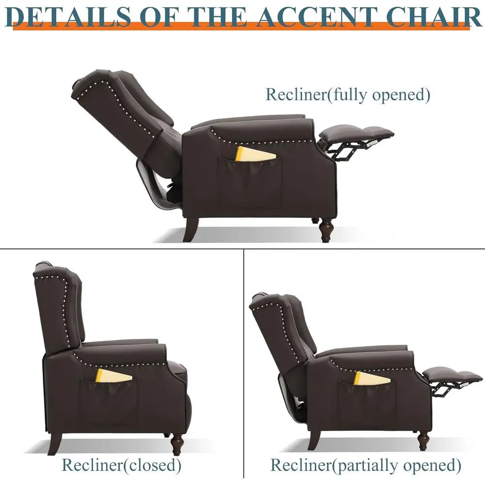 Mid-Century Style Reclining Leather Armchair with Massage and Heat Features, Brown Accent Chair with Tufted Back, Nailhead Trim,