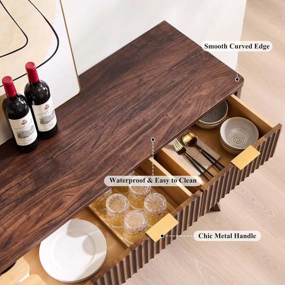 Fluted Buffet Sideboard Cabinet with Storages, 60" Large Modern Buffet Table Coffee Bar Wine Bar Storage Cabinet with 3 Drawers